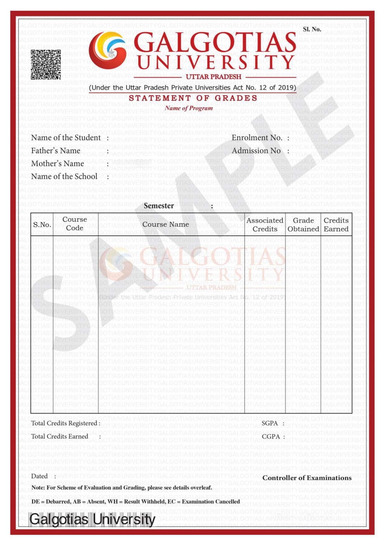 Galgotias Online M.Com marksheet sample